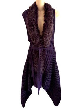 Bacci Purple Open-Front Sleeveless Cardigan Faux Fur Collar Belted Waist Small